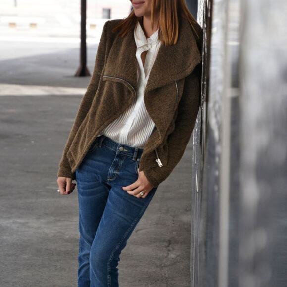 IRO Bessie Jacket Brown Moto Boucle Asymmetric High Funnel Neck SZ 10 US - Picture 1 of 9